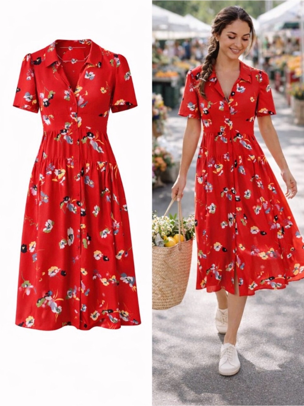 Cabi Afternoon Short Sleeve Button Up Midi Dress Scatter Floral Red Large #6218
